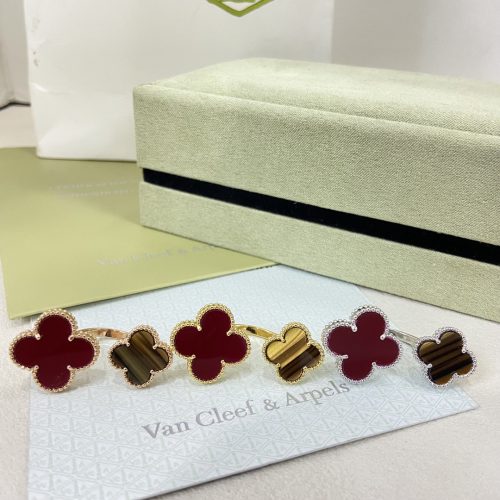 Red Agate & Tiger Stone Two Flower Lucky Open Ring, Stacked Petals Elegant Daily Jewelry